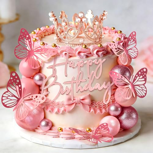 LaVenty Rose Gold Crown Cake Topper Gold Balls Cake Decor | Crown Birthday Gold Butterfly Sign for Birthday Baby Shower