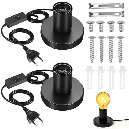 BIZOI 2 Stück Schreibtischlampe Lampenfassung E27 mit Kabelschalter, Vintage Tischlampe mit 1,8m Netzkabel, E27 Fassung mit Stecker für Home Lighting Decor, Cafe Bar Decor, Schwarz (ohne Lampe)