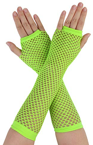 sourcing map Damen Fingerlose Mesh 1980er Kostümparty Kostümzubehör Netzhandschuhe 2 Paar Grün Long-2 Pairs