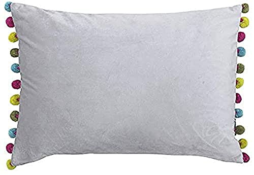 Paoletti Riva Fiesta Rechteckig Gefülltes Kissen Silver - Green Pompom Edges - Faux-Samt-Gewebe - Diskreter Reißverschluss - 100 Kasten (14 X 20 Zoll), Polyester, Dove/Multi, 35 X 50 cm