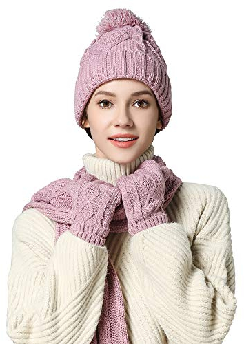 Chloria Stricken Mütze,Schal und Handschuh Set Frauen Männer Mädchen Unisex Zopfmuster Strickmütze erdicken Schal Handschuh Hut Gesetzt Winter Kombi Geschenkset (Rosa)
