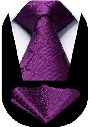 HISDERN Krawatte für Herren Violett Formelle Klassische Karierte Krawatten mit Einstecktuch Hochzeit Herrenkrawatte und Taschentuch Set für Männer