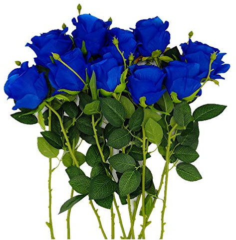 AnotherGifts Lot de 10 Roses artificielles en Soie Bleu Roi pour décoration d'intérieur, fête de Mariage, Jardin