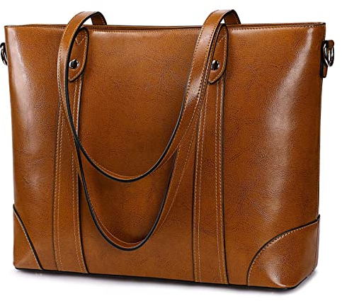 S-ZONE Damen Schultertasche 15,6 Inch Laptoptasche Große Leder Shopper Arbeitstasche Umhängetasche Handtasche mit Gepolstertem Laptopfach