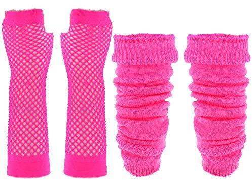 Lizzy® Leg Warmers Fishnet Gloves Set | 80s Neon Fancy Dress Hen Party Tutu Accessory UK | One Size (Pink)