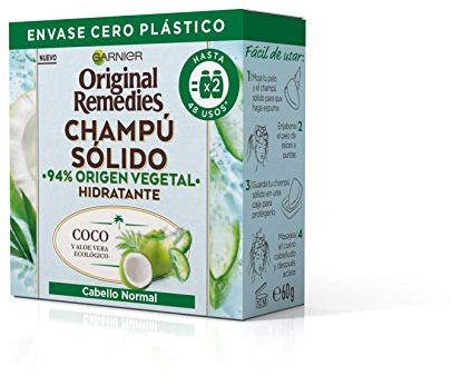 Garnier Original Remedies Champú Sólido, Coco Y Aloe Vera Ecológico Para Cabello Normal, Raíces Grasas, 60 g (Paquete de 1)