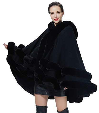 BEAUTELICATE Kunstpelz Umhang Poncho Damen Stola Braut Cape Mit Kapuze Für Winter Hochzeit Abend Party Schwarz Khaki Beige Rosa S113