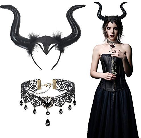YOLOUP Königin Hörner kopfschmuck 2 Pcs kostüm Horn Haarreifen & Gothic Spitze Halskette Verstellbares Böse Hexenkostüm Damen Cosplay Zubehör für Maskerade Motto Karneval Party
