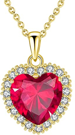 VONSSY Roter Rubin Geburtsstein Edelstein Halskette Herz Kristall Anhänger Halskette Rechteck Oval Schleife Smaragd Anhänger Rose Gold Platin Weißgold 18k Gelbe Kette (Herz A-Gold)