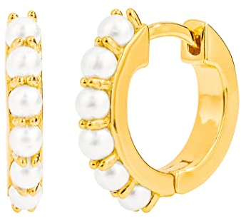 Perlen Ohrringe Silber 925. Creolen Gold mit Perlen. Schmuck Damen vergoldet mit 18 Karat (Silber und Gold) für Frauen und Mädchen. Durchmesser Creolen 13mm.