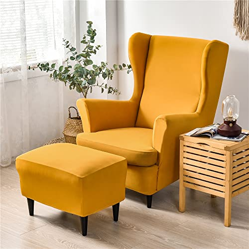 Highdi Housse de Fauteuil à Oreilles 2 Pièces avec Housse Ottomane Extensible, Couverture de Fauteuil avec Housse de Coussin en T, Couleur Unie Housse de Fauteuil Antidérapante (Kaki)