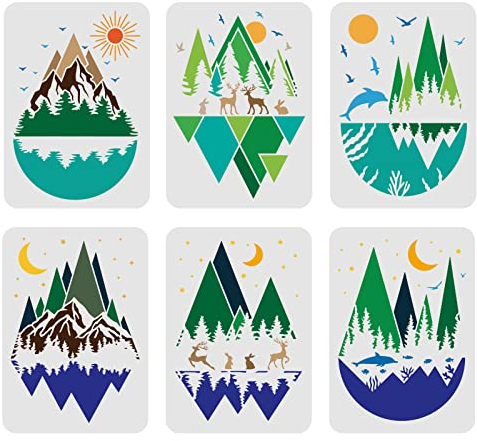 FINGERINSPIRE 6 Stück Schablonen für Berge 29,7x21cm Wald Landschaft Malschablonen Berge Mond Sonne Hirsch Delfin Muster Wiederverwendbare Schablonen zum Malen auf Holz, Boden, Wand und Fliesen