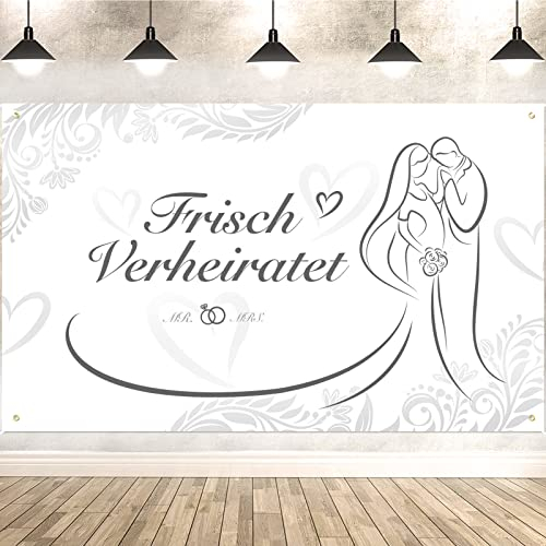 DPKOW Frisch Verheiratet Banner für Hochzeit, Romantisch Just Married für Innen Außen Deko, Mr & Mrs für Haustür Garten Hochzeitsbogen, 185 * 110cm