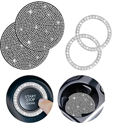 cobee Bling Auto Untersetzer, 2 Stück Universal Silikon Anti Rutsch Auto Getränkehalter+2 Stück Bling Einsatz Untersetzer & Startknopf Zündring Kristall Strass Auto Untersetzer(Silber)