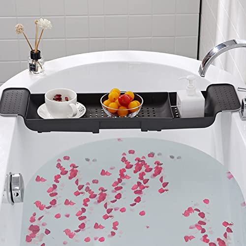ColdShine Einziehbares Badezimmertablett Badewannenablage Rechteckiges Badewannengestell Badezimmer Aufbewahrungsbox aus Kunststoff zum Baden (Schwarz)