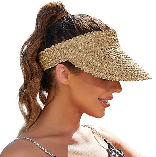 EW East Water Visors for Women, Sun Visors for Women Straw Hats for Women Handmade Sun Hat Womens Packable Beach Hats for Women, Khaki, One Size