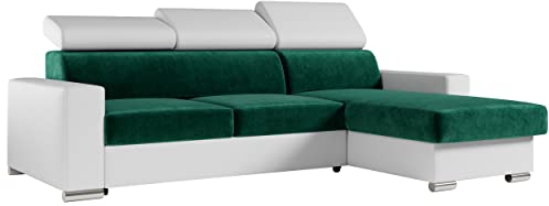 MKS MEBLE Ecksofa Wohnzimmer - Wohnlandschaft - L-Form Couch mit Schlaffunktion - Bettsofa - Wohnzimmer L Couch - Polstersofa mit Bettkasten - Fox Grün Weiß