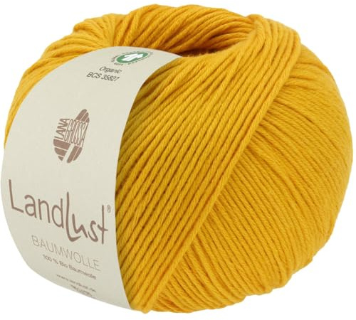 LANA GROSSA Landlust Baumwolle | Klassisches Bio-Baumwollgarn, Gots zertifiziert | Handstrickgarn aus 100% Baumwolle (Bio) | 50g Wolle zum Stricken & Häkeln | 115m Garn FB 6 Goldgelb