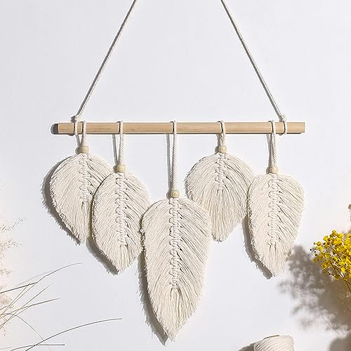 Ferypon Handgefertigter Makramee Wandbehang, Boho Wanddekoration, Baumwolle Ornamente Boho Deko für Schlafzimmer/Wohnzimmer/Partment/Veranda, Handgemachter Gewebter Wandschmuck (5 Blätter)