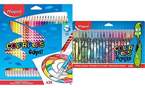 Maped 832824 - Radierbare Drei-Kant-Buntstifte, Farbstifte COLOUR'PEPS OOPS - 24x Stifte, 1 Stück (24er Pack) & - Filzstifte, Fasermaler COLOR'PEPS MONSTER mit mittlerer Spitze - x24 Stifte