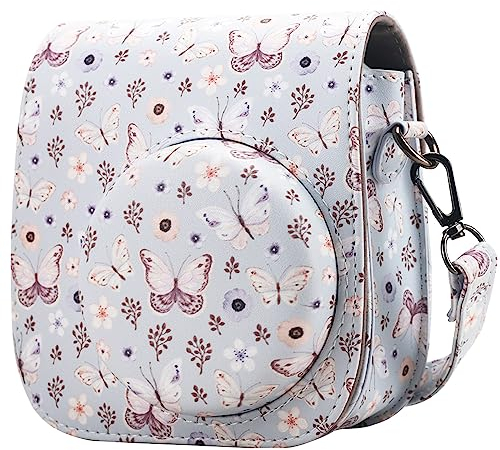 QIYWFA Instant Kamera Schützend Fall Kompatibel mit Fujifilm Instax Mini 12/11/9/8/8+ Instan Kamera Sanft PU Leder Tasche mit Tasche und Abnehmbarer Schultergurt(Bule-Flower Butterfly)
