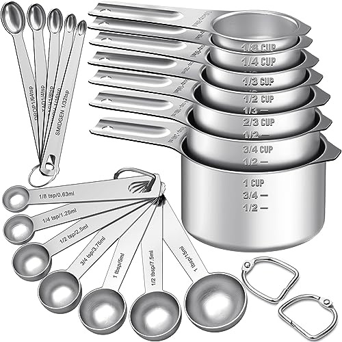 7 Stainless Steel Nesting Measuring Cups & 7 Spoons, 5 Mini Measuring Spoons & 2 Detachable Rings, Kitchen Gadgets for Cooking & Baking, Set of 21