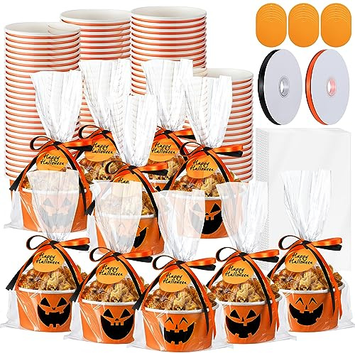 Dandat 150 Sets Halloween Treat Snack Cups Bulk 15oz Disposable Pumpkin Paper Bowls Jack-O-Lantern Pumpkin Cups Orange Black Dessert Ice Cream Bowls for Halloween Trick or Treat Party Favors Supply
