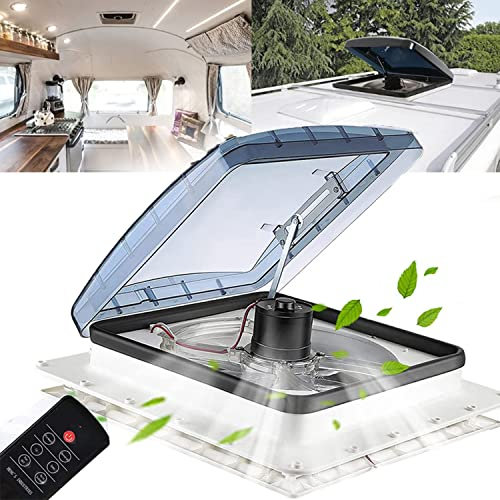 14×14 RV Roof Vent Fan,12V Motorhome vent Fan w/ 3 Speed Intake & Exhaust – Electric Remote Crank Lift & with Rain Sensor, for Camper Van Trailer (with Rain Sensor and Remote)