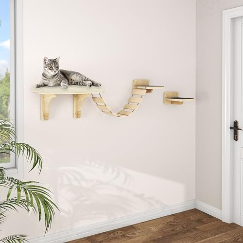 YITAHOME 4 Stück Kletterwand Katzen, Hölzerne Katzentreppe Wand, Wandliege Katzen, Hölzerner Kratzbaum mit Katzenbrücke, Extra Dickes und Weiches Katzenbett, rutschfeste Matte