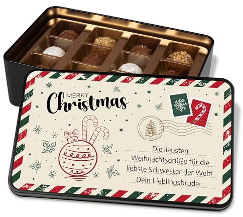 Pralinendose personalisiert „Merry Christmas Weihnachtspost“ - 12 Confiserie-Pralinen in Metalldose - Wunschtext selbst gestalten – Schokolade Geschenk Weihnachten (Christbaumkugel)