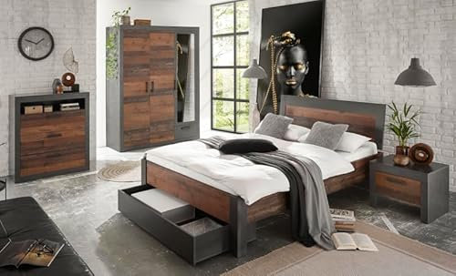 Schlafzimmer komplett in Old Used Wood mit grau Matera Set mit Bett mit Bettschubkasten, Kleiderschrank, Kommode und Nachttisch Set im Shabby Chic Design Ward (Set 3)