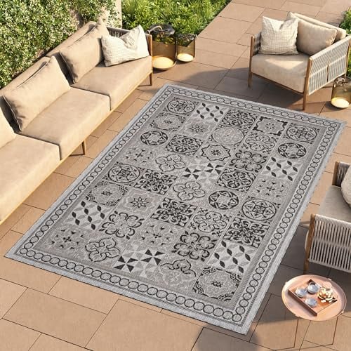 TAPISO Melissa In & Outdoorteppich Grau Schwarz Mosaik 60 x 100 cm