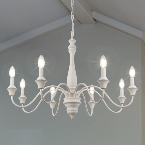 LynPon Kronleuchter Vintage Weiß, 8 Flammig Französische Landhaus Holz Esstisch Pendelleuchte, E14 Rustikal Bauernhaus Retro Deckenleuchte Hängend Lampe für Wohnzimmer, Schlafzimmer, Esszimmer, Küche