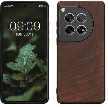 kwmobile Handyhülle für OnePlus 12 Hülle Holz - Case mit TPU Bumper - Stoßfestes Hardcase - Schutzhülle Cover in Dunkelbraun