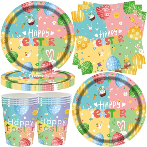 YGCHEN Stoviglie Pasqua Stoviglie per Feste Coniglio Stoviglie Decorazioni Uova di Pasqua Bicchieri Piatti Carta Tovaglioli Pasquali Forniture per Feste Happy Easter Stoviglie Set 16 Ospiti