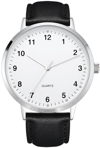 NUOVO Herrenuhr 42mm Klassische analoge Quarzuhr Weißes Zifferblatt mit 12-arabischen Ziffern Legierungsgehäuse Schwarzes Lederarmband