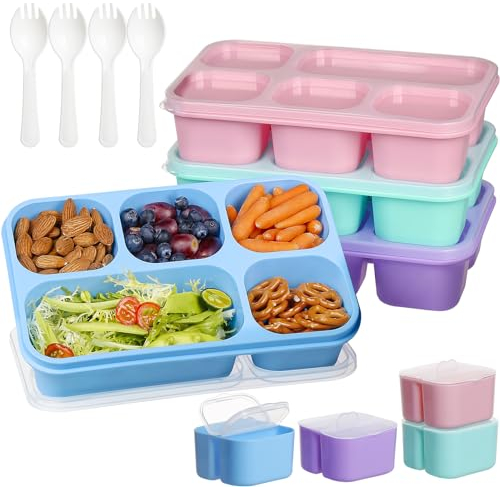 Greentainer Snack Boxes Lunch Boxes with 5 Compartments, Colorful Food Storage Containers, Plastic Reusable Bento Box with Dressing Pots & Spoon for School, Work, Microwave & Dishwasher Safe,4 Pack