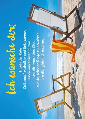 Postkarte für Urlaubsgrüße: Strandmotiv mit zwei Sonnenliegen und Sonnenschirm am Meer, ideal für Freunde und Familie. Text: Ich wünsche dir Inseln der Ruhe, Zeit zum Abschalten und Entspannen.