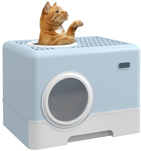 PawHut Cat Litter Tray with Hood, Cat Litter Box with Front Entry, Top Exit, Drawer, Tray, Scoop, 38.5H x 52L x 41Wcm - Blue