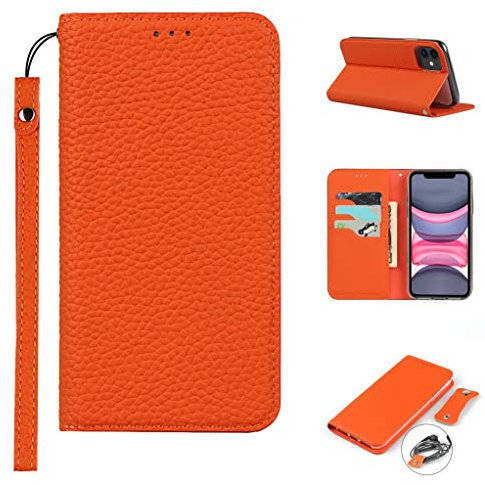 Cavor Phone Case Compatible for iPhone 11 Cover,Genuine Leather Flip Wallet Case,[3 Card Holders][Magnetic Closure][RFID-Blocking][Lanyard] Protective Case - Orange