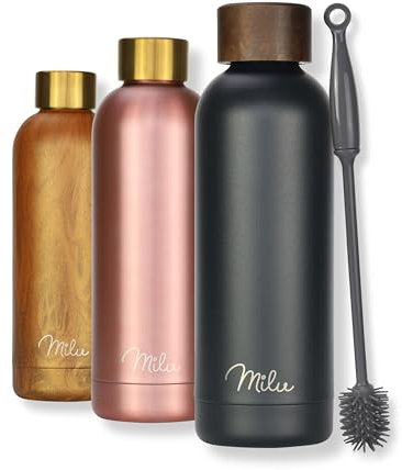 Milu Gourde Isotherme - Bouteille Isotherme - 750ml - Gourde INOX Bouche Standard - Gourde Sport Étanche - Gourde Enfant sans BPA - Brosse de nettoyage incluse (Noir, 750ml)