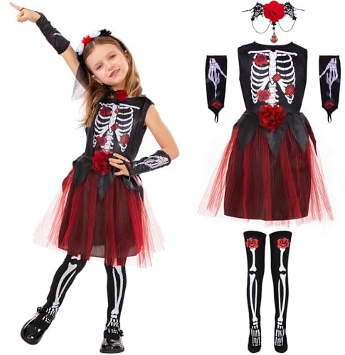 Ulikey Costume Scheletro Bambino, Vestito Scheletro Ragazze Halloween Costume Scheletros Ragazze con Guanti Scheletr, Collana in Pizzo Rosa y Calzini Scheletrici per Halloween, Carnevale (L)