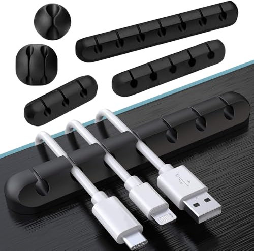 Briskee Cable Clips, Cable Holder Management Clips | 5 Pack Silicone Adhesive Wire Cord Anchor | Cable Tidy Organiser for Desk, Car, Charging Cables in Office and Home (Black) (7 Slot (Pack of 5))
