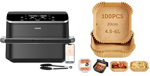 COSORI Heißluftfritteuse & Backpapier & Sechsteiliges Zubehörset für Heißluftfritteuse - 10L Familiengröße, Dual Basket für ausgewogene Mahlzeiten, Schwarz