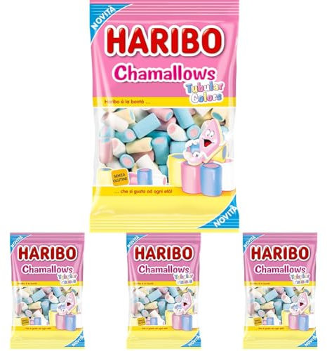 Haribo Chamallows Tubular Colors, Caramelle Marshmallow, Senza Glutine, Ideali per Feste e Dolci Momenti di Relax - 150gr (Confezione da 4)