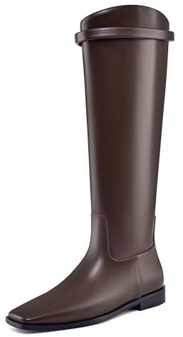 Dumjey Stivali alti al ginocchio, stivali piatti da donna, punta quadrata, stivali lunghi, tacco a blocco, stivali alti al ginocchio con cerniere posteriori, marrone, 40 EU