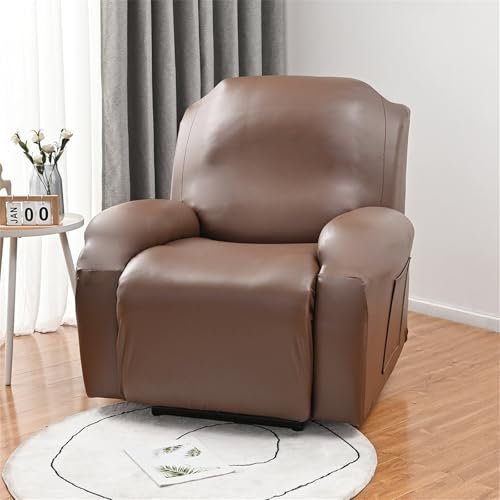 Hearda Sesselschoner für Relaxsessel, PU-Leder Stretch Sesselschoner, 4-Teilig Relaxsessel Bezüge, rutschfest Recliner Cover, Waschbar Sesselbezug mit Taschen, Fernsehsessel Liege Sessel (Braun)