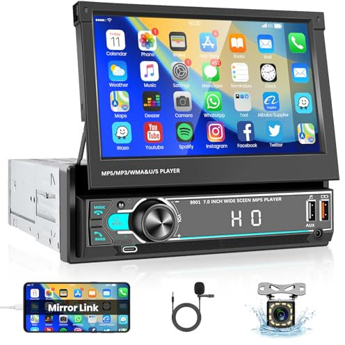 VECHTEL Radio Coche Bluetooth con Pantalla Táctil Plegable, 7 Pulgadas de Autoradio 1 DIN con Bluetooth, Radio FM, Espejo de Apoyo Link, USB/AUX, Controles de Volante, Cámara Trasera, Micrófono