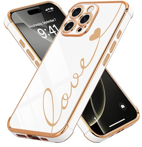 LCHULLE for iPhone 16 Pro Case for Women Girls, Cute Love Heart, White | Luxury Plating Pattern Design, Pretty Girly Phone Cover, Full Camera Lens Protection, Raised Shockproof Protective TPU Bumper