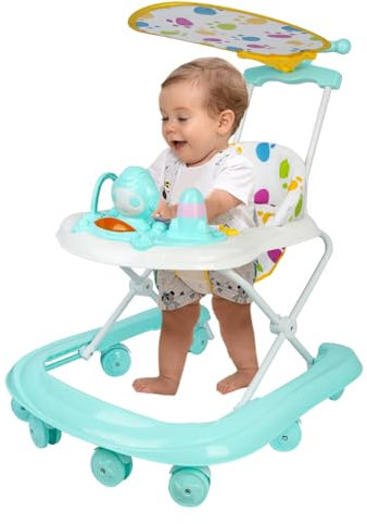 Supfine Lauflernhilfe 5-in-1 Babywalker, Spiel- und Lauflernwagen mit Rollen, 5-Gang Höhenverstellbar, mit Schiebegriff, Musik, Sonnenschirm, Gehfrei Baby ab 6 Monate, Klappbar (Grün, 62*68*36-81cm)